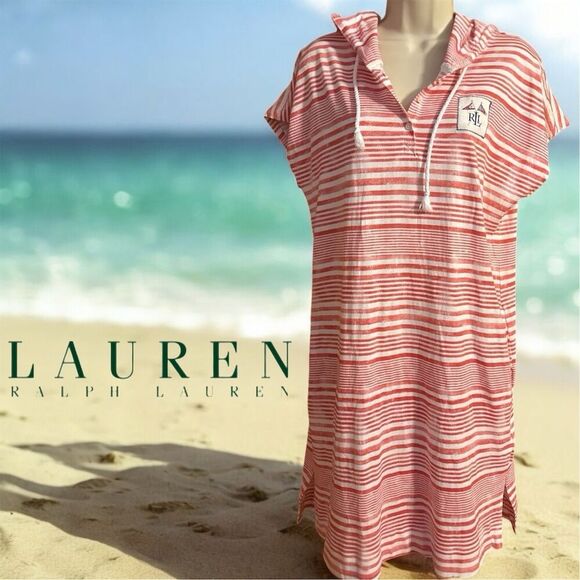 Lauren Ralph Lauren Red White Washed Striped Hooded Soft Cotton Swim Cover-Up - Picture 1 of 12